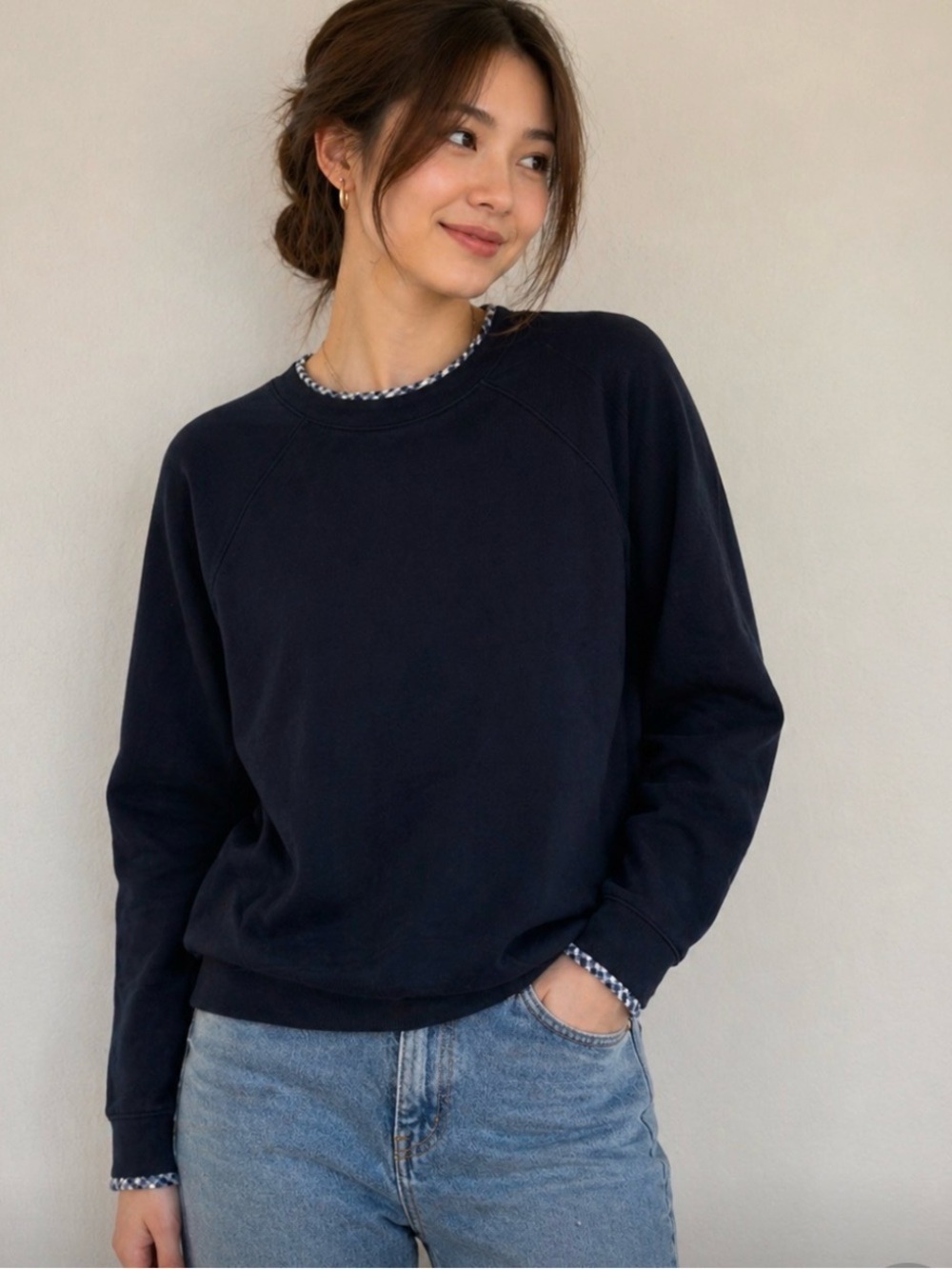J Crew Navy Blue Gingham Plaid Trim Ruffleneck Pullover Sweater Shirt Size Small